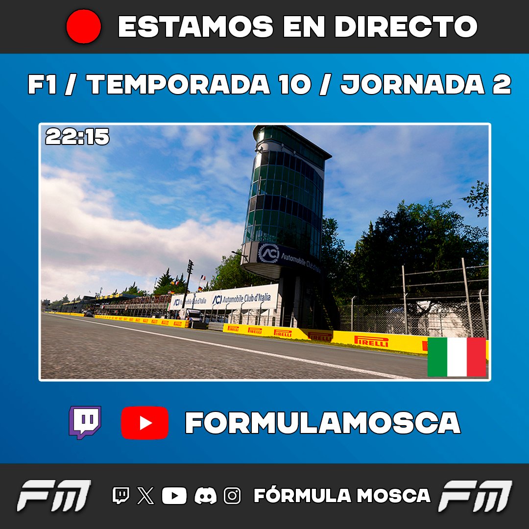FormulaMosca's tweet photo. #FMT10 |🔴ESTAMOS EN DIRECTO

🇮🇹Pásate a ver la acción en Monza.

🧐¿Quién se llevará la victoria en tierras italianas?

🎙️@Eskiirthe66
🎙️@lmcaster33

En Twitch y en Youtube.  
📺/formulamosca https://t.co/mVJcIhjU4z