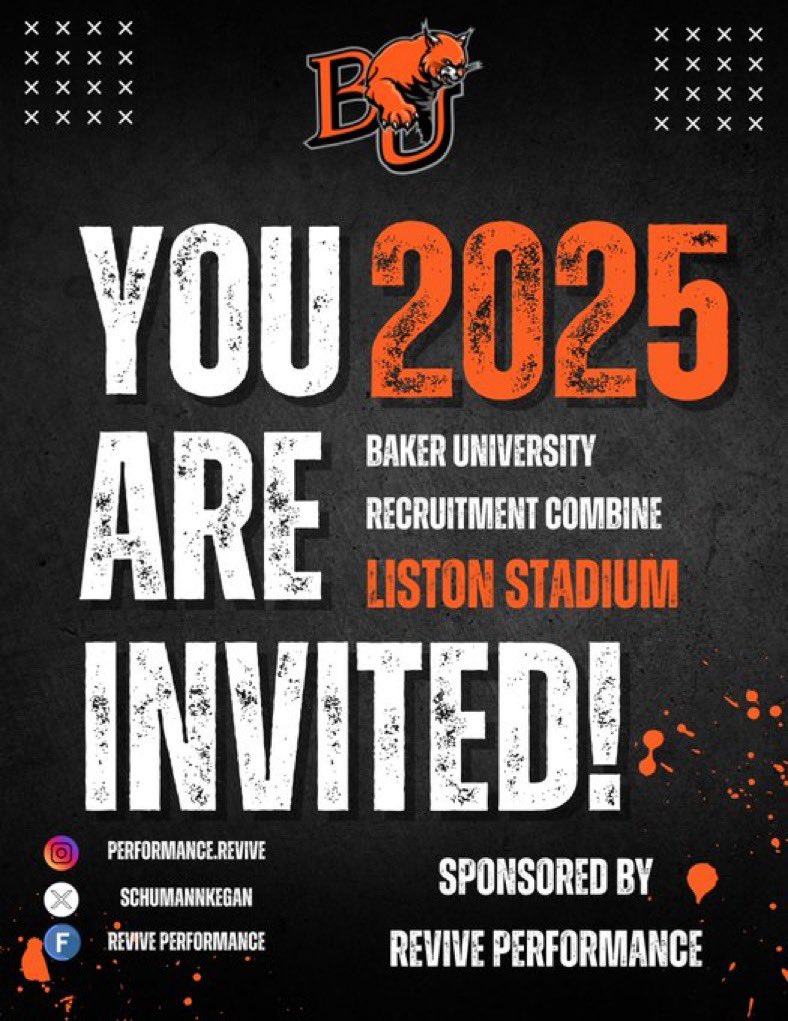 Big Opportunity Ahead! I’ve been invited to the 2025 Baker University Recruitment Combine at Liston Stadium!
Time to show what I’ve got and take the next step in my journey.#BakerUniversity #NextLevel #CollegeAthlete