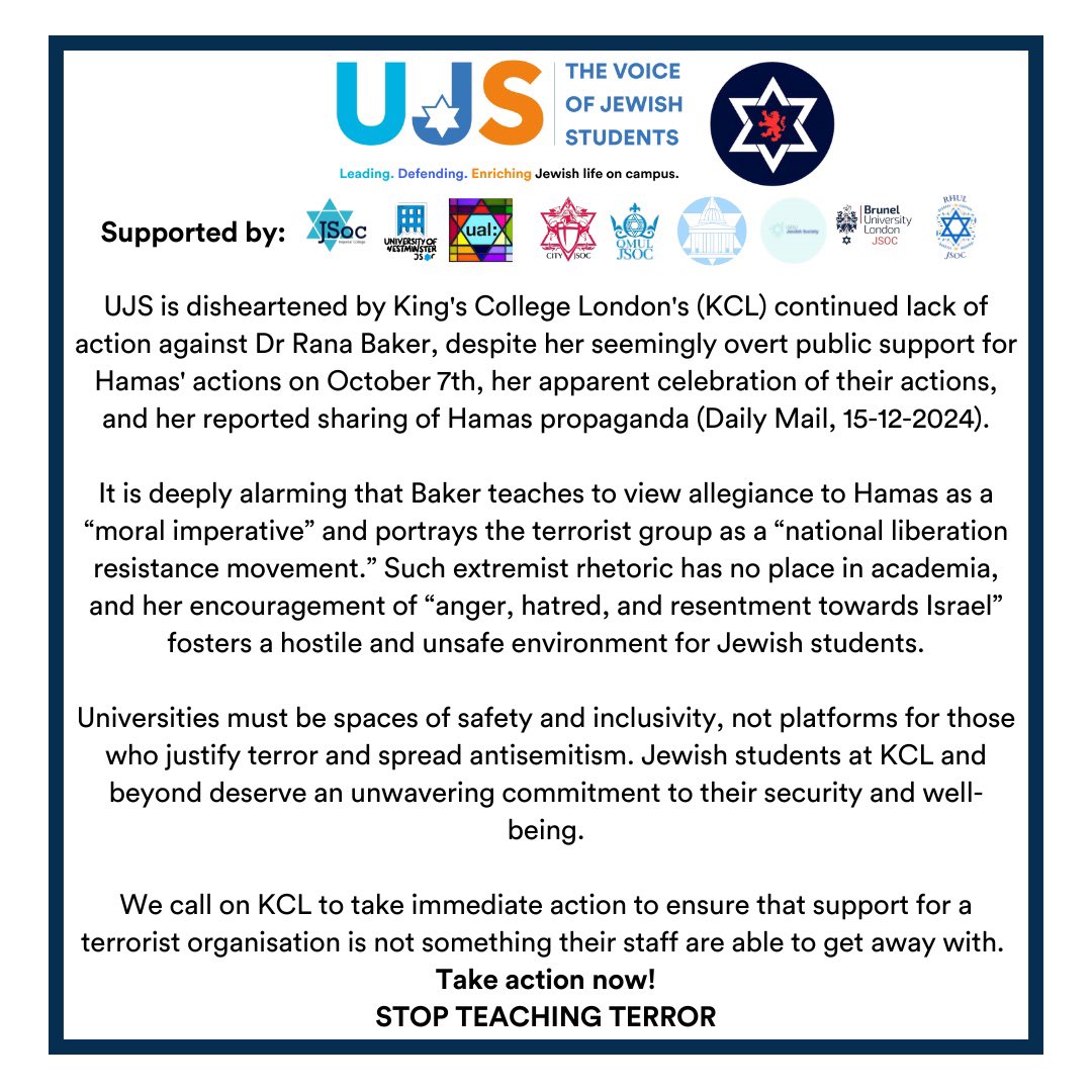 UJS_UK's tweet image. Universities must be spaces of safety and inclusivity, not platforms for those who justify terror and spread antisemitism. Jewish students at KCL and beyond deserve an unwavering commitment to their security and well-being.