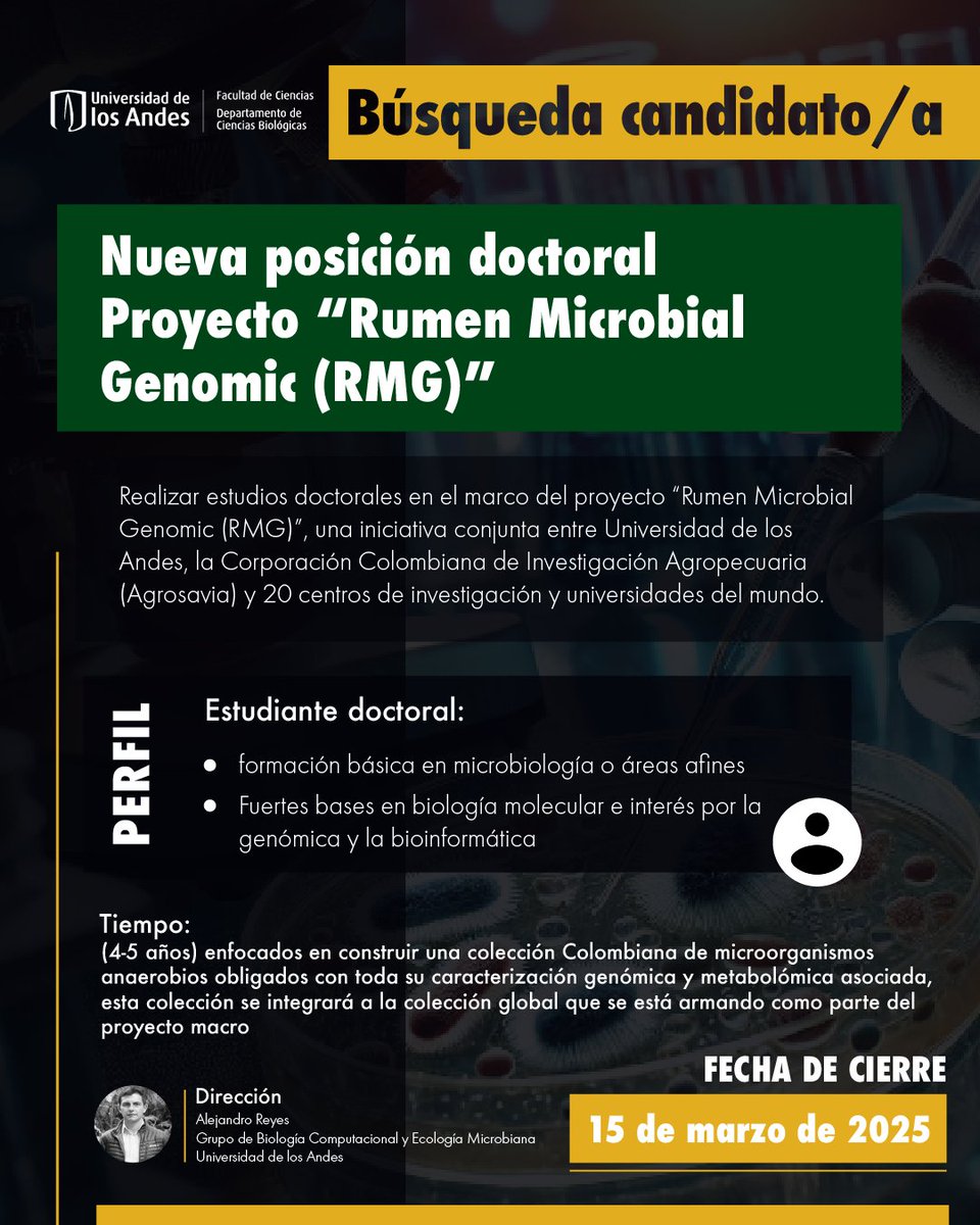 CienBiolAndes's tweet photo. 📢 Oprtunidad de doctorado en genómica y bioinformática.
🔗 Para más información sobre la posición en proyecto One Health ⚕️: https://t.co/v43eqy086v
🔗 Para más información sobre posición en el proyecto Rumen Microbial Genomic 🦠: https://t.co/COX6M6vigl https://t.co/jWkP33suaI