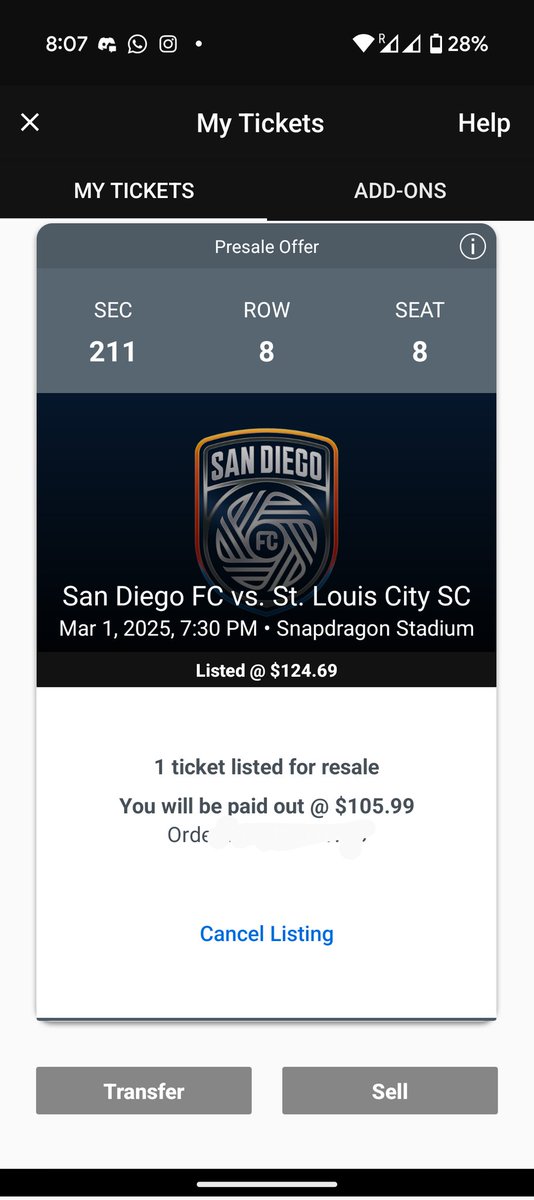 SorareUsa's tweet photo. We need to absolutely nuke third party ticketing platforms like @Ticketmaster into the sun and not look back.

I've listed my San Diego FC home opener ticket for $124.69 - of which I would get $105.99 after fees.

Yet my seat shows up at $145.89 on their site. How is this legal? https://t.co/GF2zxIYlNr