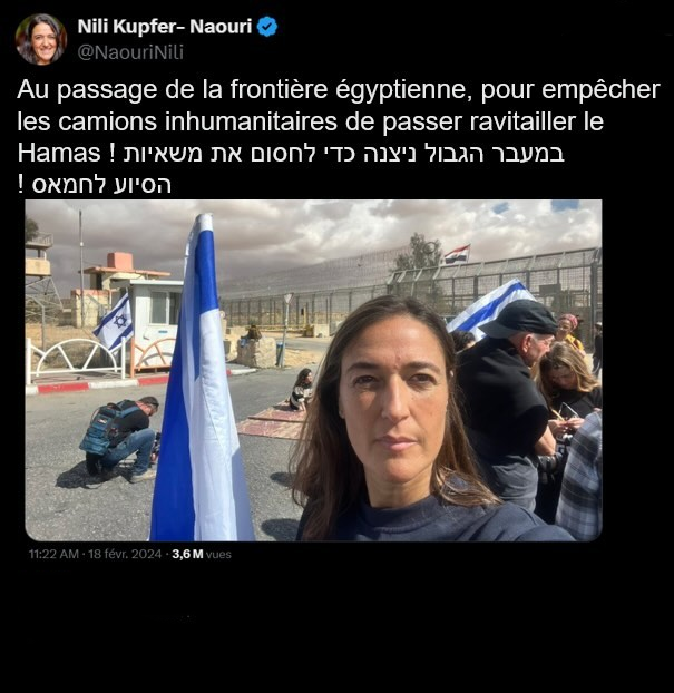 MrPropagande's tweet photo. Bizarre je n'ai entendu personne réclamer la déchéance de nationalité des Franco-israéliens pro-nettoyage ethnique, pro-génocide, pro-annexion comme l'avocate Nili Kupfer-Naouri qui est même allé jusqu'à bloquer des camions d'aide humanitaire destinés aux Palestiniens https://t.co/losXsN0MNZ