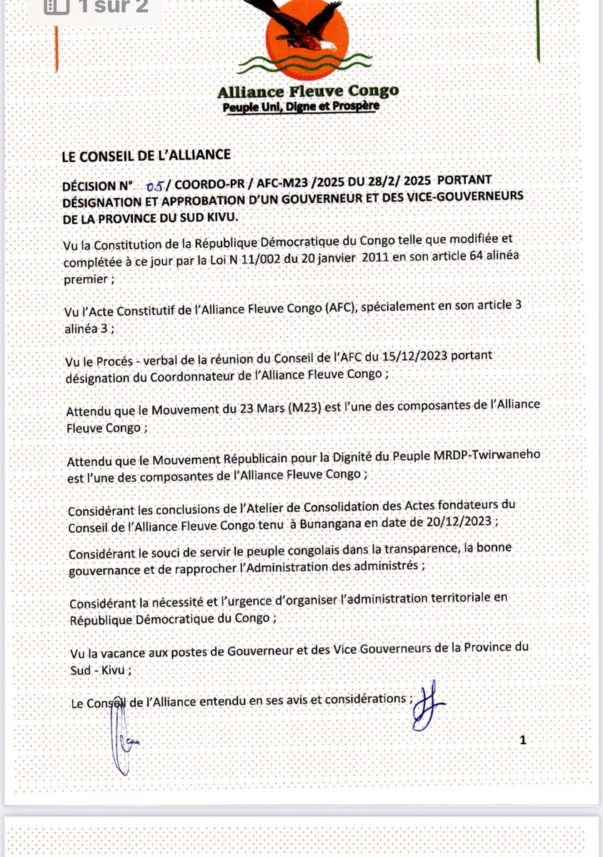DÉCIDE :
Article 1. Est désigné et approuvé au poste de Gouverneur de la Province du Sud-
Kivu :
• Monsieur BIRATO RWIHIMBA Emmanuel
Article 2. Sont désignées et approuvées aux postes de Vice - Gouverneurs du Sud:
Kivu, les personnes ci- après, en regard de leurs noms
•