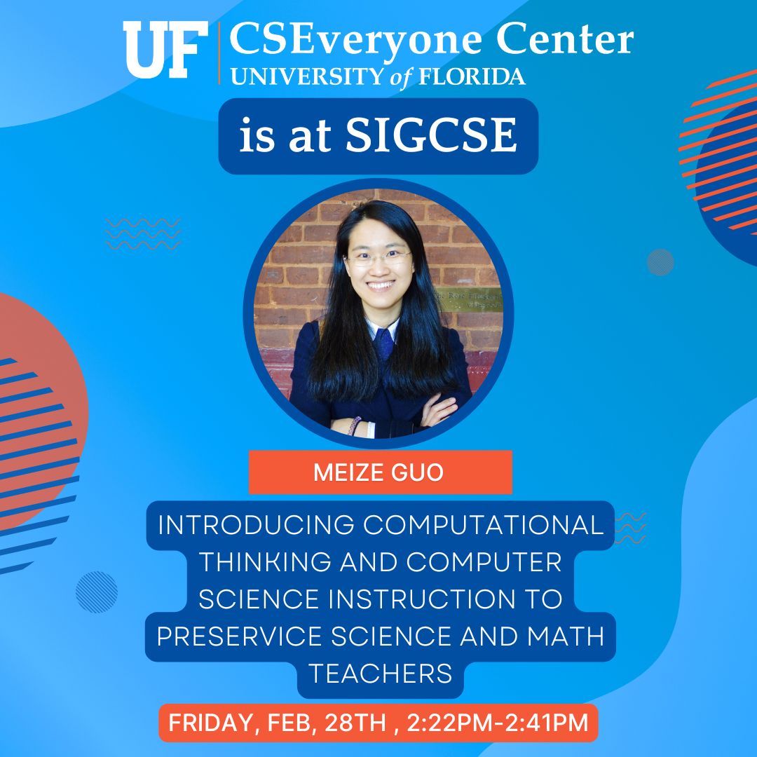 UF_CSEveryone's tweet image. We have 4 different events going on today at #SIGCSE2025. The first is at 10:00am and the last is at 3:00pm. Come find us and talk to us about our research! #UF #ComputerScience #education #CSE