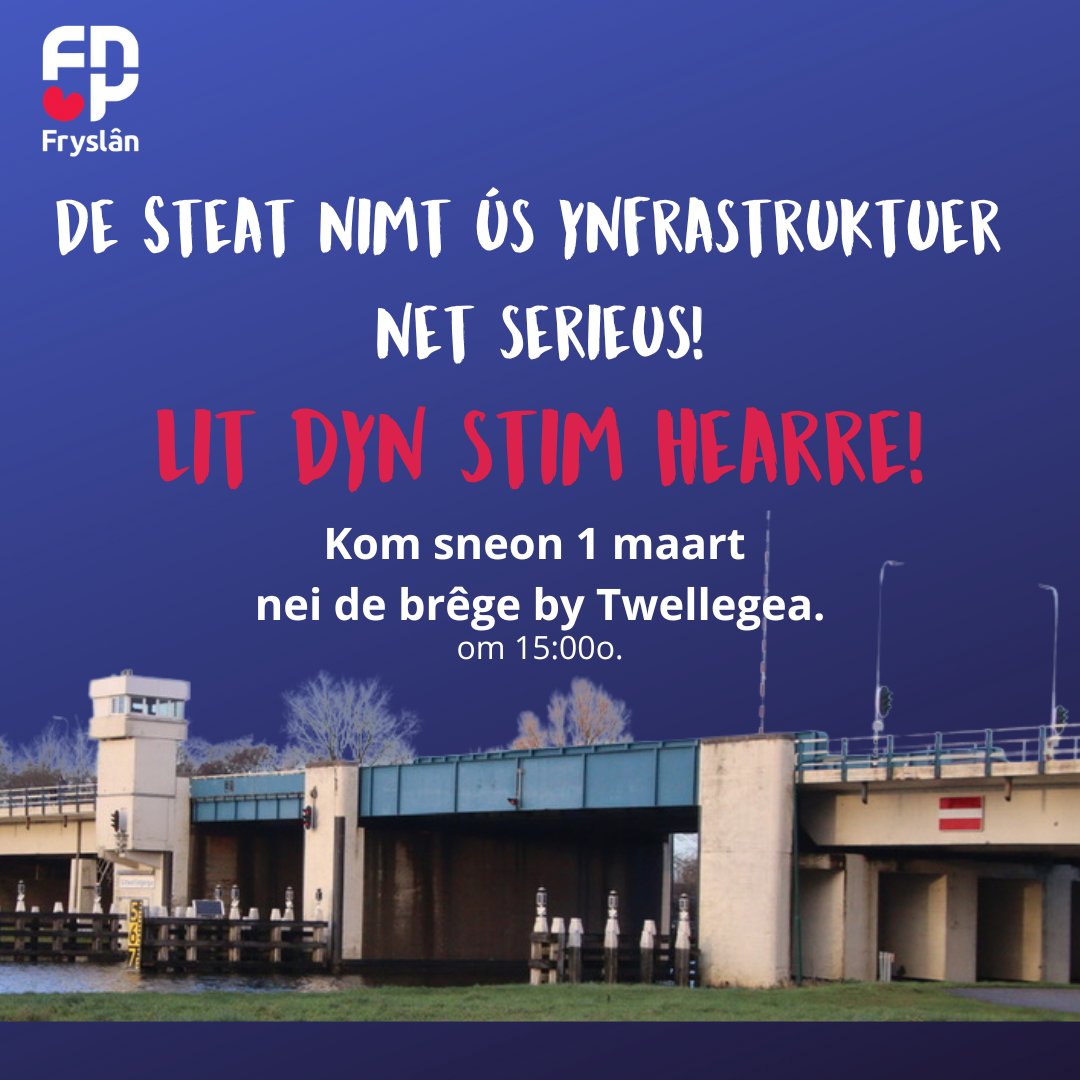 ℙ𝕣𝕠𝕥𝕖𝕤𝕥 𝔽𝕣𝕪𝕤𝕜𝕖 𝕪𝕟𝕗𝕣𝕒𝕤𝕥𝕣𝕦𝕜𝕥𝕦𝕖𝕣
𝐃𝐞 𝐒𝐭𝐞𝐚𝐭 𝐧𝐢𝐦𝐭 𝐅𝐫𝐲𝐬𝐤𝐞 𝐲𝐧𝐟𝐫𝐚𝐬𝐭𝐫𝐮𝐤𝐭𝐮𝐞𝐫 𝐧𝐞𝐭 𝐬𝐞𝐫𝐢𝐞𝐮𝐬! Lit dyn stim hearre!
𝐒𝐧𝐞𝐨𝐧 𝟏 𝐦𝐚𝐚𝐫𝐭
𝟏𝟓:𝟎𝟎𝐨.
Brêge by Twellegea

𝘔𝘦𝘢𝘳 𝘺𝘯𝘧𝘰: t.ly/81n2N
#FNPFryslân