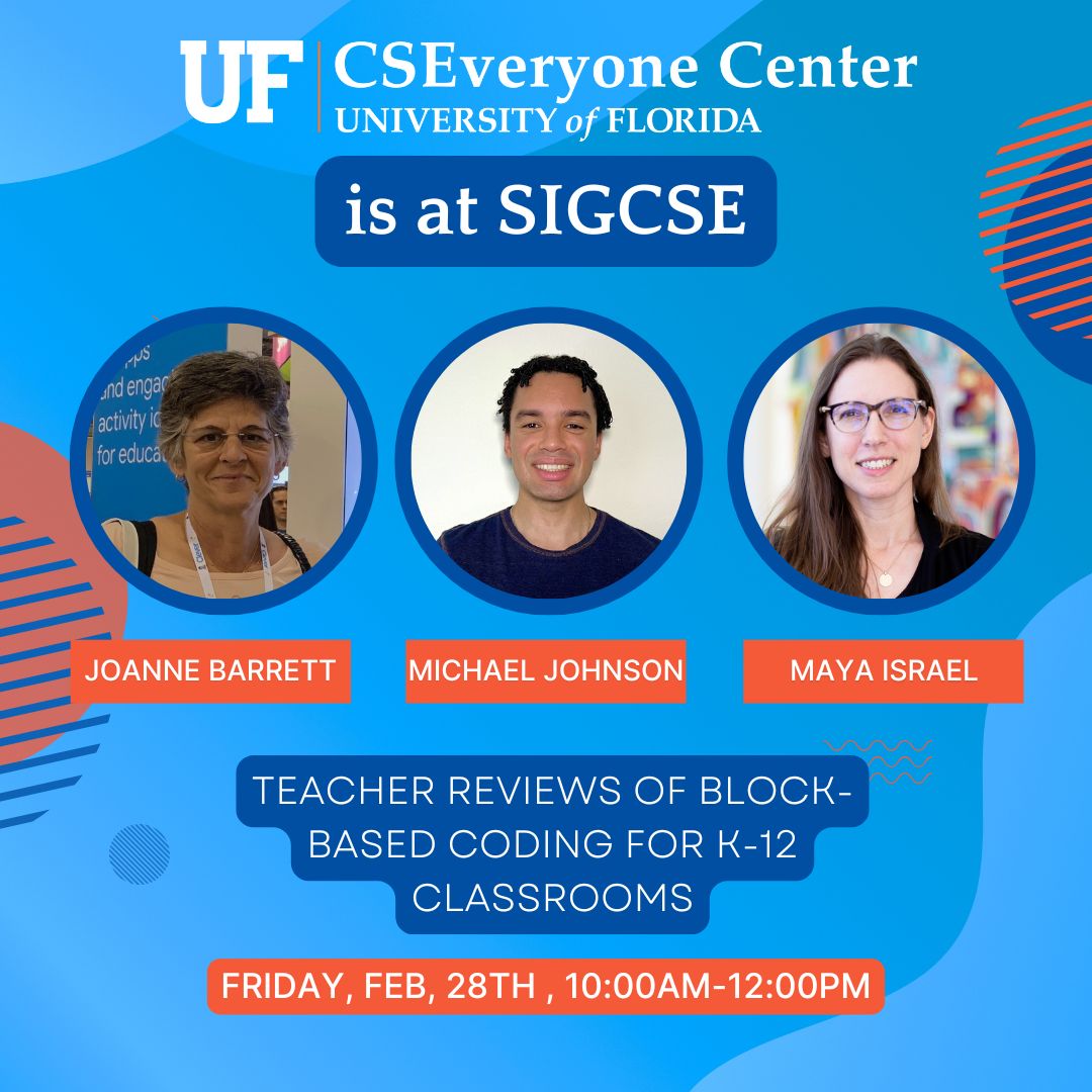 UF_CSEveryone's tweet image. We have 4 different events going on today at #SIGCSE2025. The first is at 10:00am and the last is at 3:00pm. Come find us and talk to us about our research! #UF #ComputerScience #education #CSE