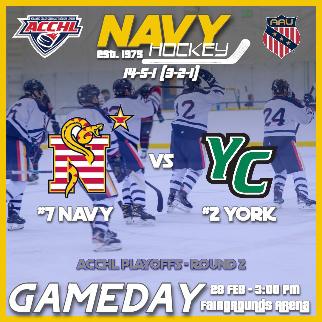 USNAHockey's tweet image. It’s time to fly, it’s time to go (again).⚓️⚓️
Navy takes on #2 York in round 2 of the ACC playoffs!
Puck Drop: 3:00 PM
Livestream: RYZ Sports
Location: Winston-Salem Fairgrounds Arena, NC
#EarnTheBrotherhood