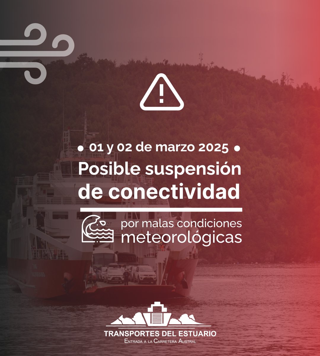 testuario's tweet photo. ⚠️Transportes  del Estuario informa que este fin de semana 01 y 02 de marzo 2025 se esperan condiciones climáticas inestables en la #RegiónDeLosLagos. Recomendamos tomar precauciones, ya que las naves podrían presentar restricciones en sus zarpes. #ruta7 https://t.co/gkS04WrMTw