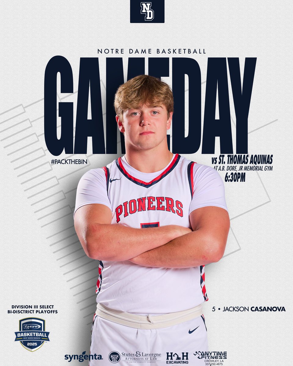 Notre Dame Pioneers Basketball (@ndpioshoops) on Twitter photo 🚨Div III Select Bi-District Playoffs🚨
🏀Notre Dame vs St. Thomas Aquinas
📍Location: A.B. Dore, Jr Memorial Gym
⏰TIP-OFF: Tonight @ 6:30pm <a href="/2a_class/">La. Class 2A Sports</a> <a href="/GeauxPrepsLA/">GeauxPreps.com</a> <a href="/LSL_Sportsline/">Louisiana Sportsline</a> <a href="/SethLewisInc/">Seth Lewis</a> <a href="/georgefaust10/">George Faust</a> <a href="/PrepHoopsLA/">Prep Hoops Louisiana</a> <a href="/OTBSports_/">Off the Bench Sports/PREP NEWS/ Life Off The Bench</a> <a href="/JFitzTV/">Jamarcus Fitzpatrick</a> <a href="/aasportsnet1/">All Around Sports Net</a> 🚨Div III Select Bi-District Playoffs🚨
🏀Notre Dame vs St. Thomas Aquinas
📍Location: A.B. Dore, Jr Memorial Gym
⏰TIP-OFF: Tonight @ 6:30pm <a href="/2a_class/">La. Class 2A Sports</a> <a href="/GeauxPrepsLA/">GeauxPreps.com</a> <a href="/LSL_Sportsline/">Louisiana Sportsline</a> <a href="/SethLewisInc/">Seth Lewis</a> <a href="/georgefaust10/">George Faust</a> <a href="/PrepHoopsLA/">Prep Hoops Louisiana</a> <a href="/OTBSports_/">Off the Bench Sports/PREP NEWS/ Life Off The Bench</a> <a href="/JFitzTV/">Jamarcus Fitzpatrick</a> <a href="/aasportsnet1/">All Around Sports Net</a>