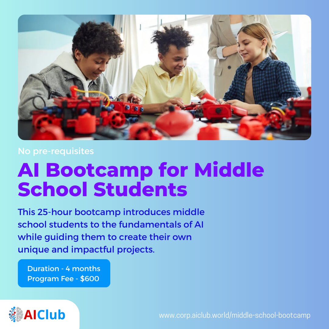 AIClubWorld's tweet image. 🔬 Middle schoolers, explore AI with hands-on Python coding! Our 4-Month AI Bootcamp teaches chatbots, self-driving AI & more! 🚀
🔹 No prior coding needed
🔹 Train real AI models
📅 4 months | 💰 $600
📢 Enroll now! info@aiclub.world
#CodingCamp #AIBootCamp #AIforKids