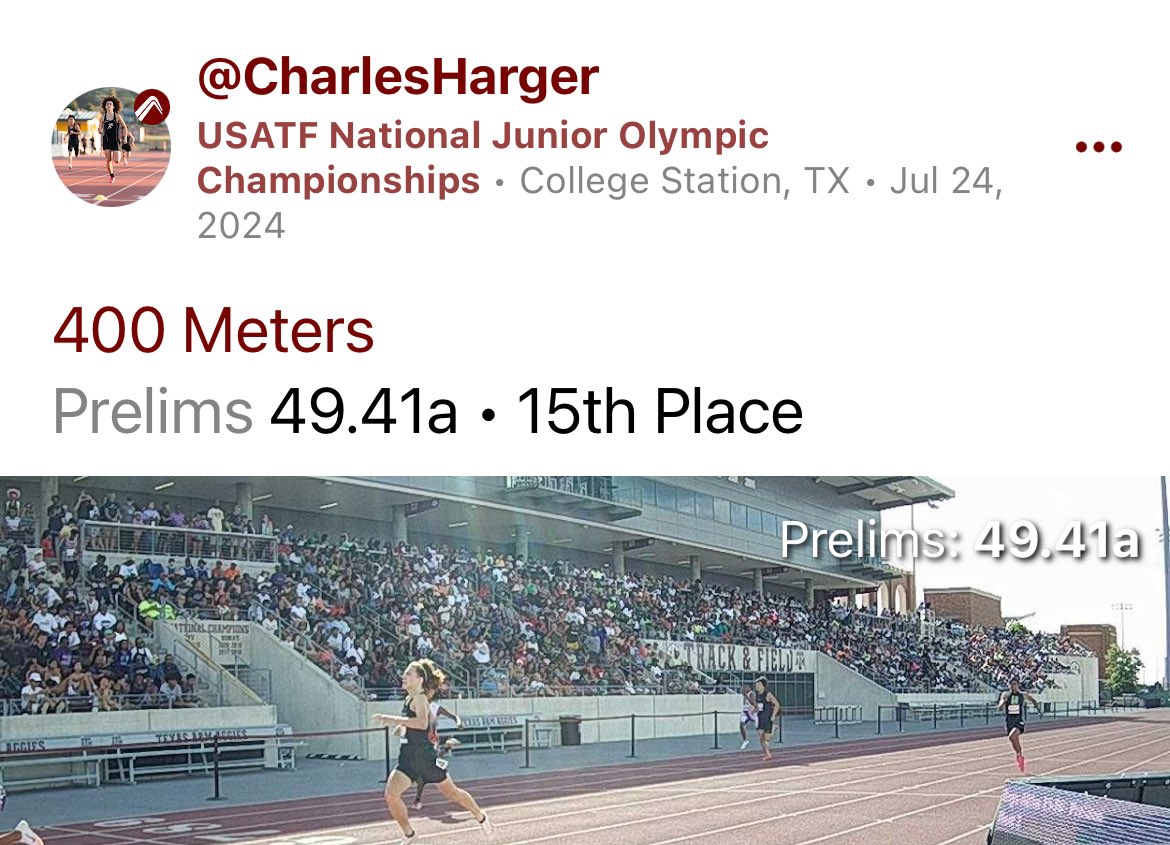 CharlesHargerTF's tweet photo. USATF National Junior Olympics Championship 2024

@ Texas A&amp;M University

July 22nd-28th, 2024

400m: 49.41 - 15th/62 People - Lane 4

800m: 2:00.79 PR - 14th/57 People - Lane 7

#run #classof2026 #track #fast #recruiting #400m #Texas #win #trackandfield #800m https://t.co/CQnGFauhLW