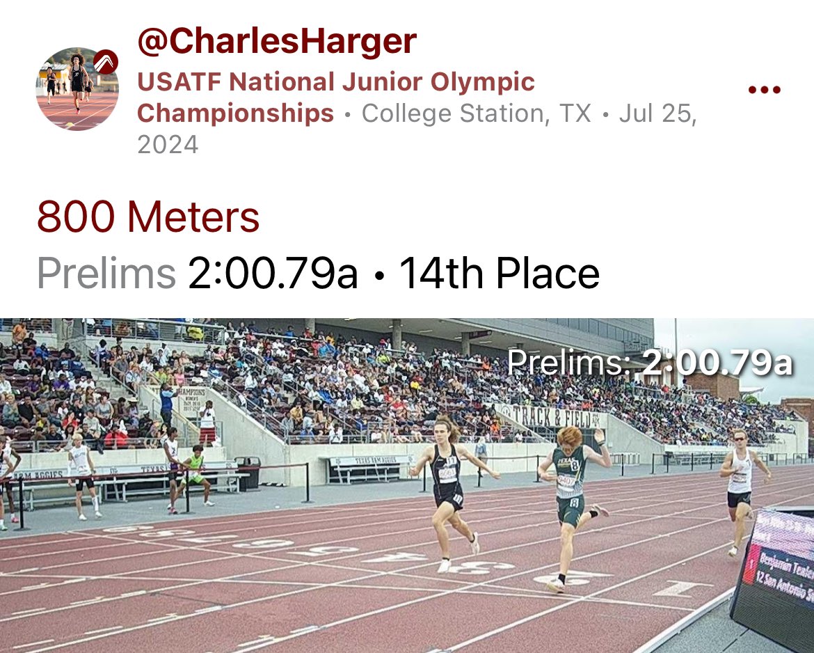 CharlesHargerTF's tweet photo. USATF National Junior Olympics Championship 2024

@ Texas A&amp;M University

July 22nd-28th, 2024

400m: 49.41 - 15th/62 People - Lane 4

800m: 2:00.79 PR - 14th/57 People - Lane 7

#run #classof2026 #track #fast #recruiting #400m #Texas #win #trackandfield #800m https://t.co/CQnGFauhLW