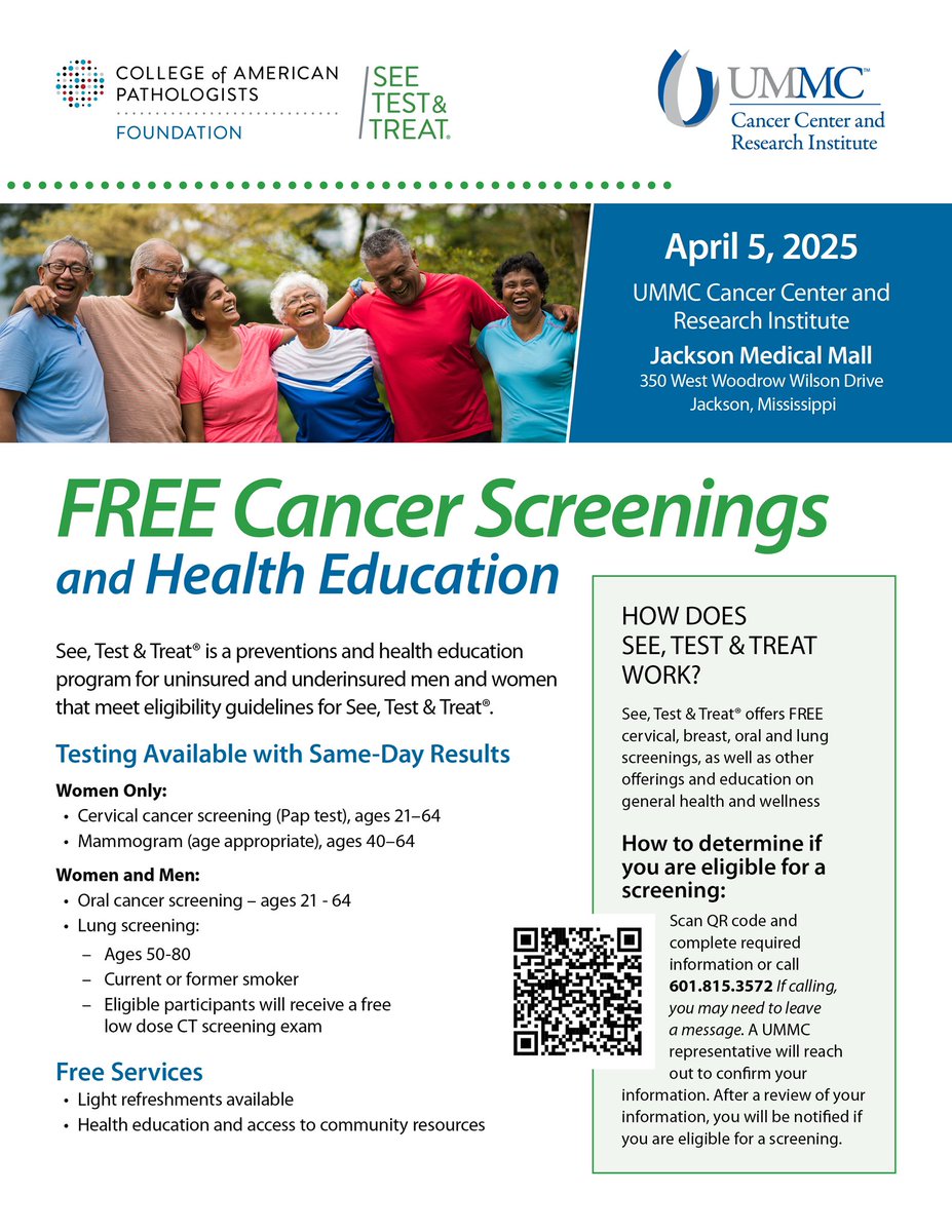 UMMC Cancer Center and Research Institute (@ummc_cancer) on Twitter photo REGISTER TODAY! 🚨
See, Test and Treat event, where free cervical, breast, oral and lung cancer screenings will be offered for qualifying uninsured and underinsured women and men.
Saturday, April 5
8 a.m. to 11 a.m.
Jackson Medical Mall <a href="/rodrocconi/">Rod Rocconi</a> REGISTER TODAY! 🚨
See, Test and Treat event, where free cervical, breast, oral and lung cancer screenings will be offered for qualifying uninsured and underinsured women and men.
Saturday, April 5
8 a.m. to 11 a.m.
Jackson Medical Mall <a href="/rodrocconi/">Rod Rocconi</a>