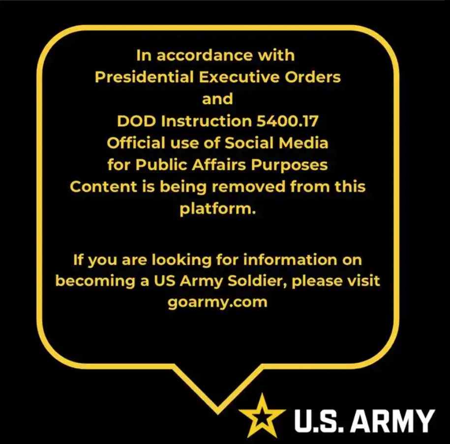 GoArmyVirginia's tweet image. In alignment with Department of Defense (DoD) Instruction 5400.17 and recent Executive Orders issued by the President, the U.S. Army has reviewed and adjusted its social media content to ensure compliance with DoD policies and priorities.