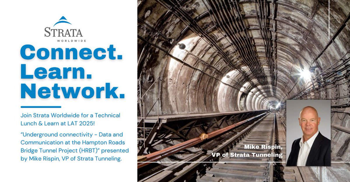 Strata Worldwide (@strataworldwide) on Twitter photo Last day to register! Join Strata for a Technical Lunch & Learn during LAT 2025 in SĂ oPaulo, Brazil.
Mike Rispin will discuss the communication infrastructure for the Hampton Roads Bridge Tunnel project. March 10th from 12:30 to 1:00 pm.
Email: grover.vargas@strataworldwide.com Last day to register! Join Strata for a Technical Lunch & Learn during LAT 2025 in SĂ oPaulo, Brazil.
Mike Rispin will discuss the communication infrastructure for the Hampton Roads Bridge Tunnel project. March 10th from 12:30 to 1:00 pm.
Email: grover.vargas@strataworldwide.com