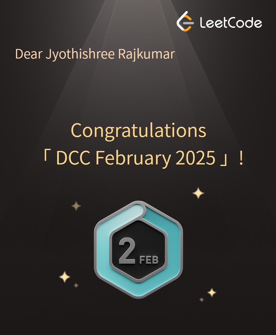 Jyothishree2k58's tweet image. February has been a rollercoaster.
I meant the DCC on leetcode.
Wrapping up february with a win!!
#leetcode #dailycodechallenge #February2025
