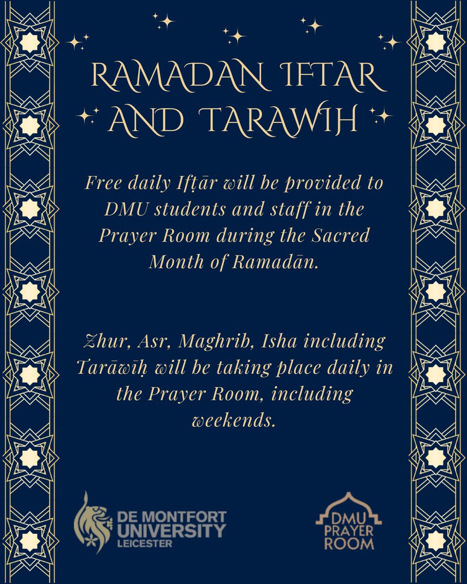 DMU Imam (@dmu_imam) on Twitter photo 🌙 Ramadan Mubarak!
Join us for daily Iftar and Tarawih prayers at the DMU Prayer Room throughout the blessed month of Ramadan.
Let’s come together as a community for prayer, reflection, and breaking fast. All DMU students and staff are welcome! 🌙 Ramadan Mubarak!
Join us for daily Iftar and Tarawih prayers at the DMU Prayer Room throughout the blessed month of Ramadan.
Let’s come together as a community for prayer, reflection, and breaking fast. All DMU students and staff are welcome!