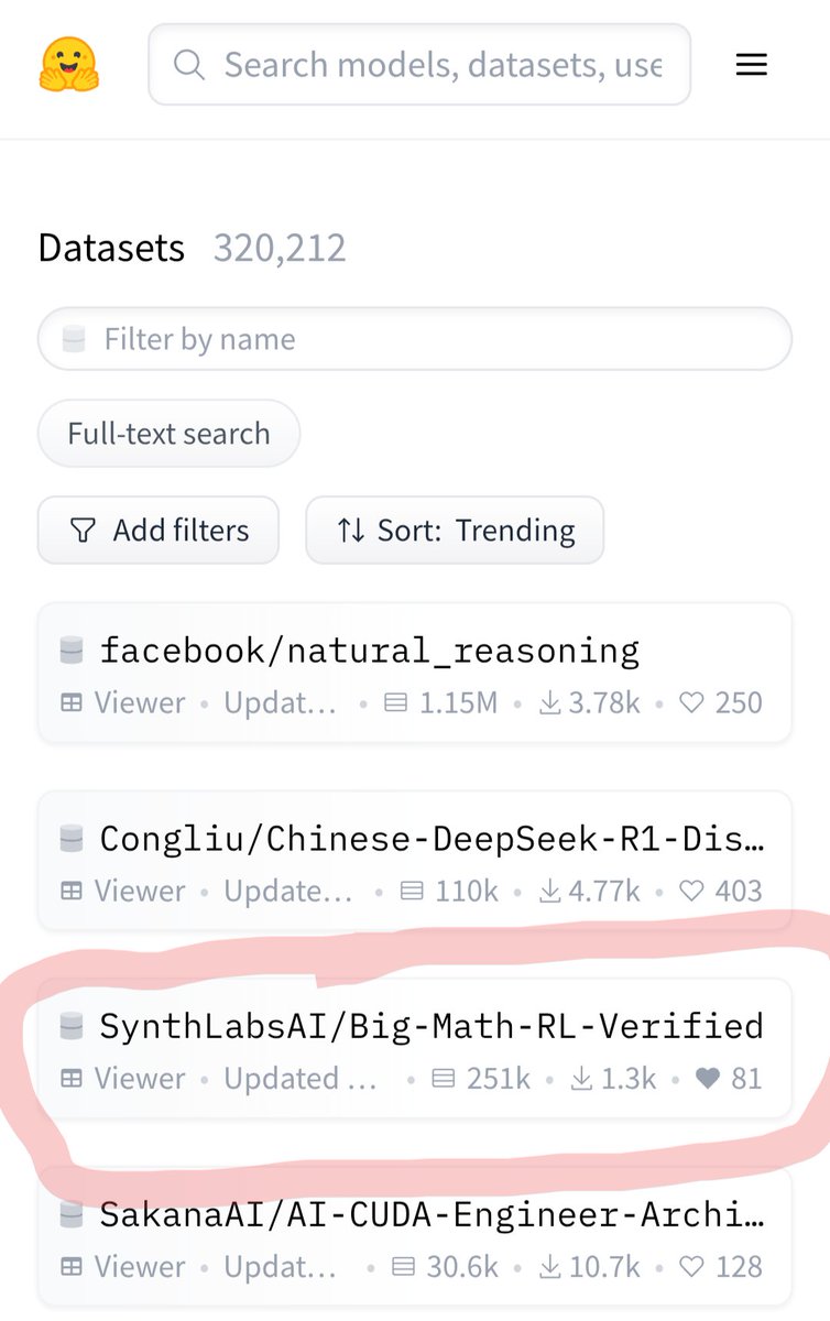 Alon Albalak (@albalakalon) on Twitter photo 🤯 Big-Math is the #3 most popular dataset on <a href="/huggingface/">Hugging Face</a>
If you're using it, I'd love to see the results of your work🤩Please share with us 🤯 Big-Math is the #3 most popular dataset on <a href="/huggingface/">Hugging Face</a>
If you're using it, I'd love to see the results of your work🤩Please share with us