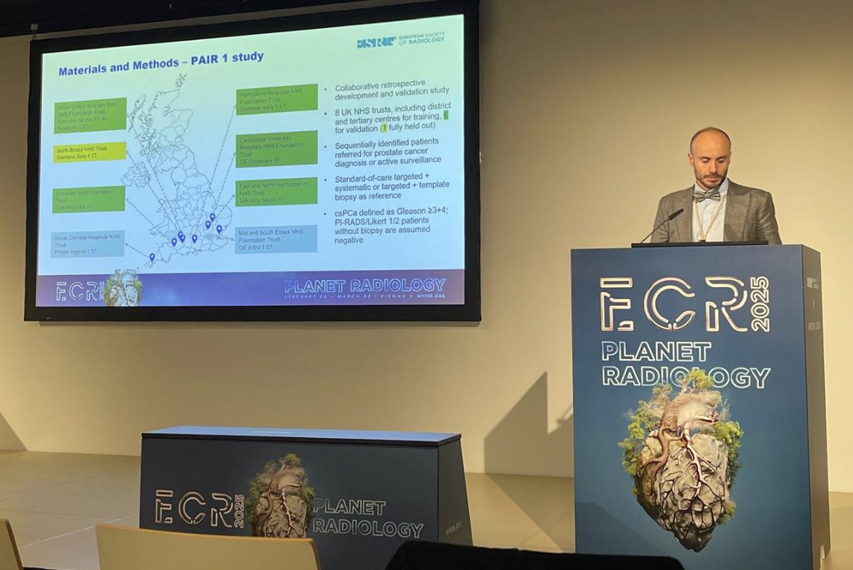 Dr Francesco Giganti presenting results of the PAIR-1 study at #ECR2025, that demonstrates that Pi™ (Prostate Intelligence™) matches MDT-supported radiologists in accurately detecting prostate cancer on MRI.