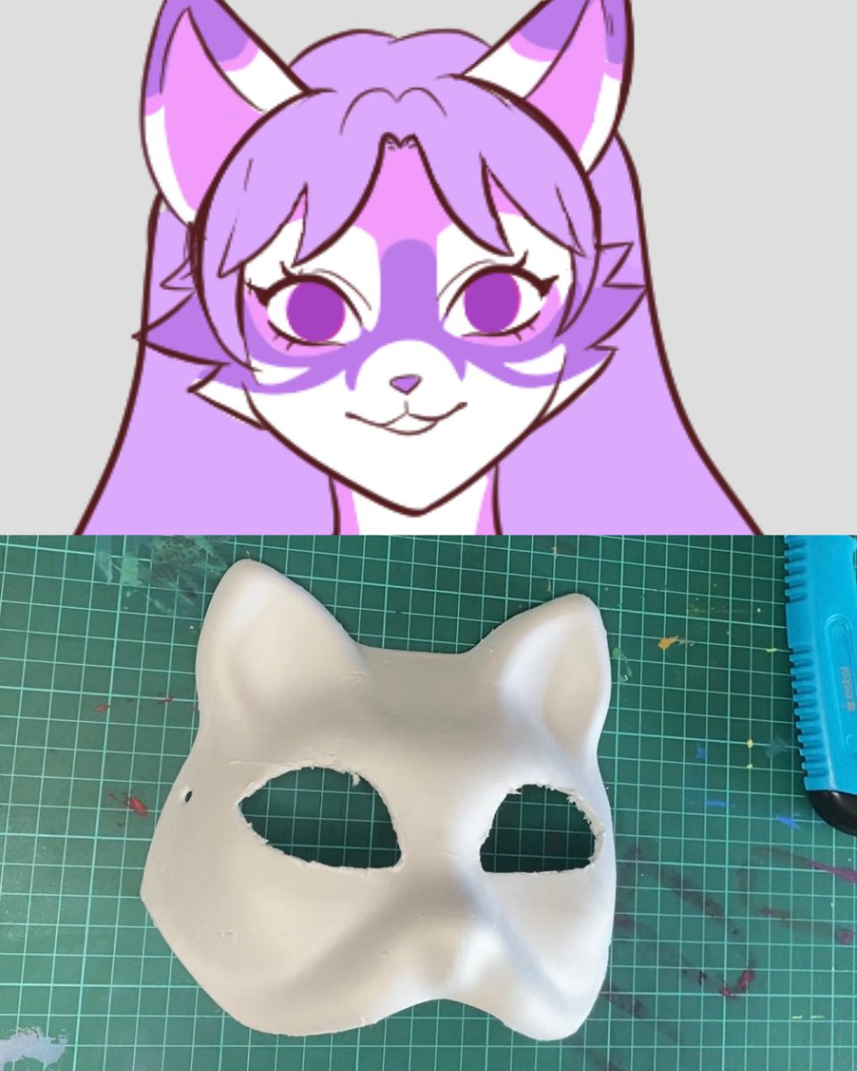 StellandLayla's tweet photo. I will upload the process of my fursuit head or mask 🐱 
1. Original mask
2. Cut the eyes to make them bigger. I also show you my OC
3. Cut the ears because I had already bought ears on Amazon https://t.co/9RWSQA7X7s