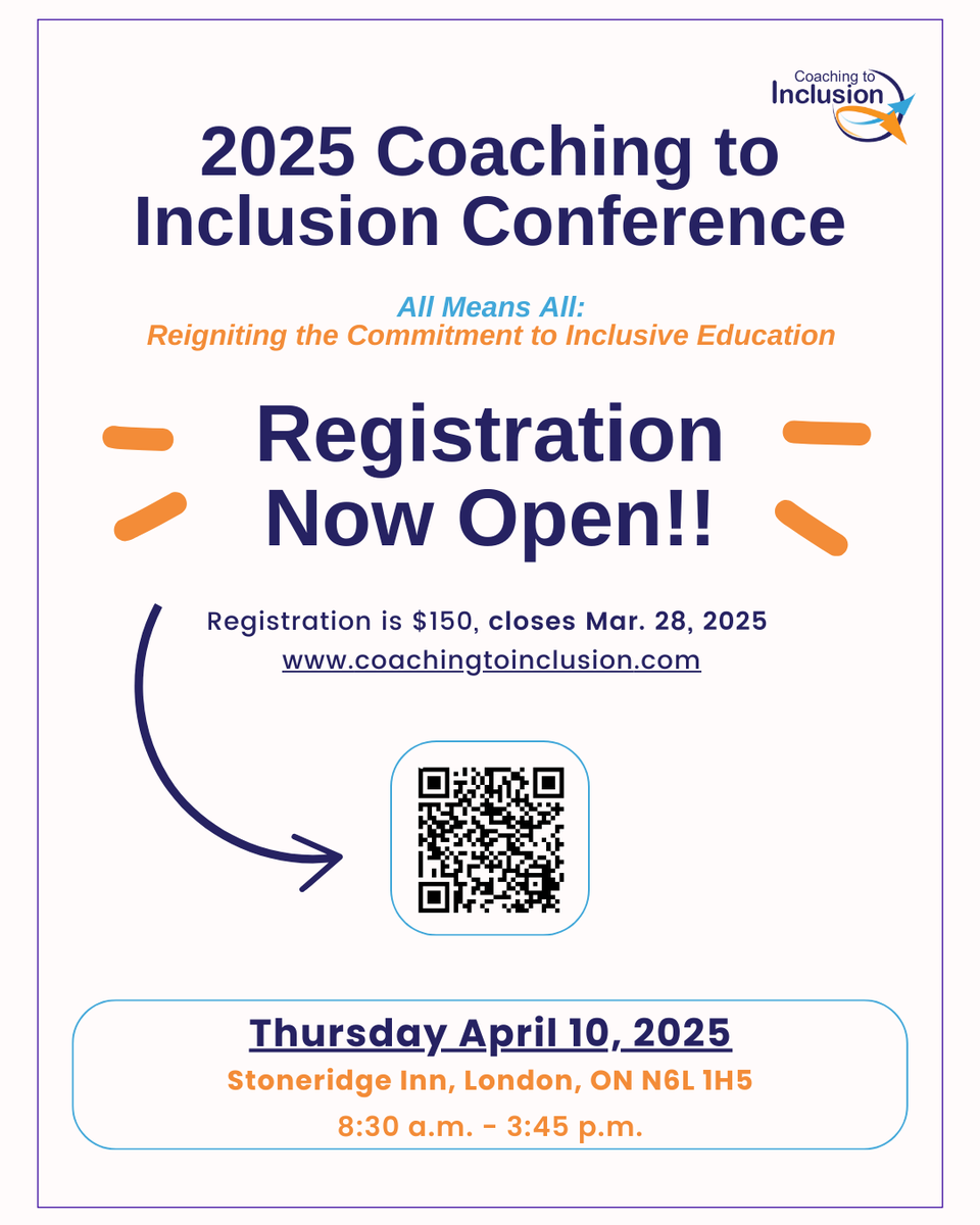 We're back! Join us at the 2025 Coaching to Inclusion Conference as we reignite the commitment to inclusive education. Secure your spot today by scanning the QR code below. Visit the website for more info: coachingtoinclusion.com.