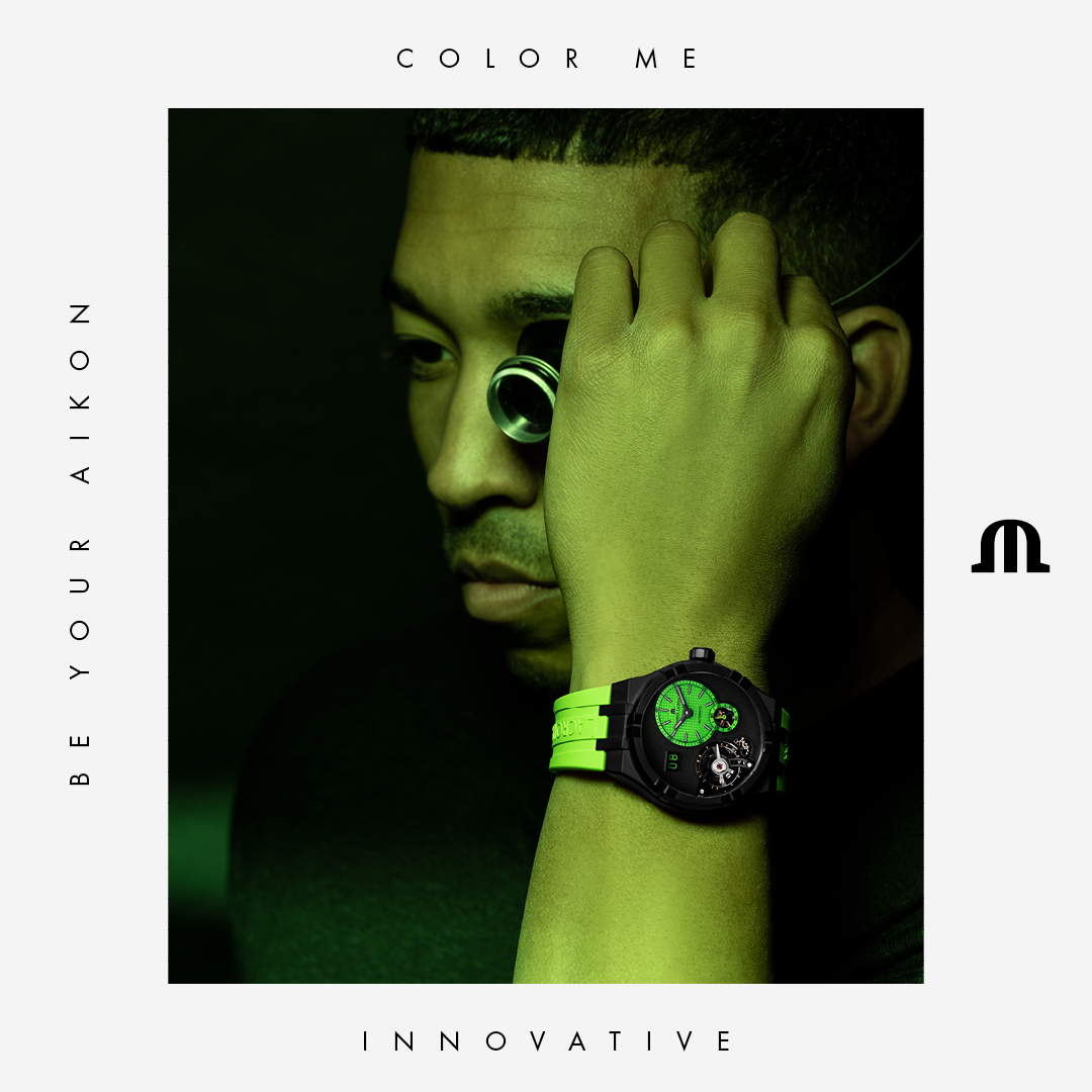 Maurice_Lacroix's tweet photo. The #AIKON Master Grand Date Technicolour in striking green is built to challenge conventions, fusing technical precision with groundbreaking design. #ColourMe #YourTimeIsNow #BeYourAIKON https://t.co/aQRNjTrs3g