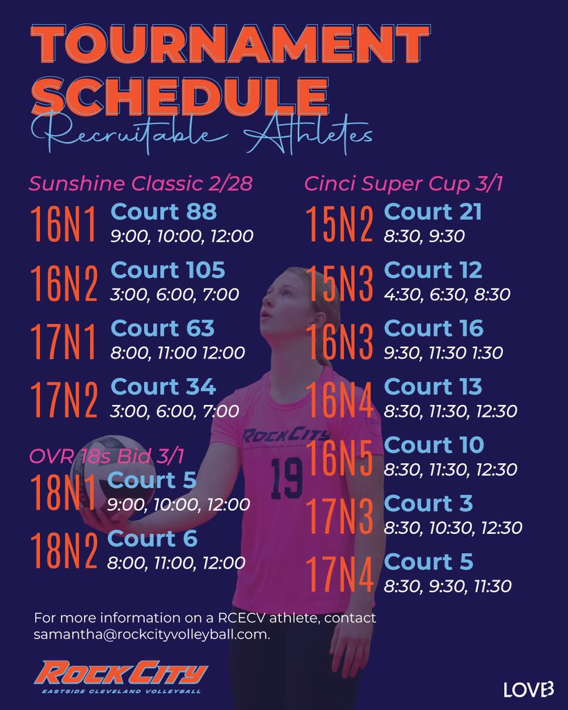 RockCity Eastside Cleveland Volleyball Recruiting (@rcecvrecruiting) on Twitter photo This week’s RCECV 15-18U girls national tournament schedules!
For more information on a RCECV athlete please contact samantha@rockcityvolleyball.com.
#RCECV #LOVBClubs #RecruitableAthletes This week’s RCECV 15-18U girls national tournament schedules!
For more information on a RCECV athlete please contact samantha@rockcityvolleyball.com.
#RCECV #LOVBClubs #RecruitableAthletes