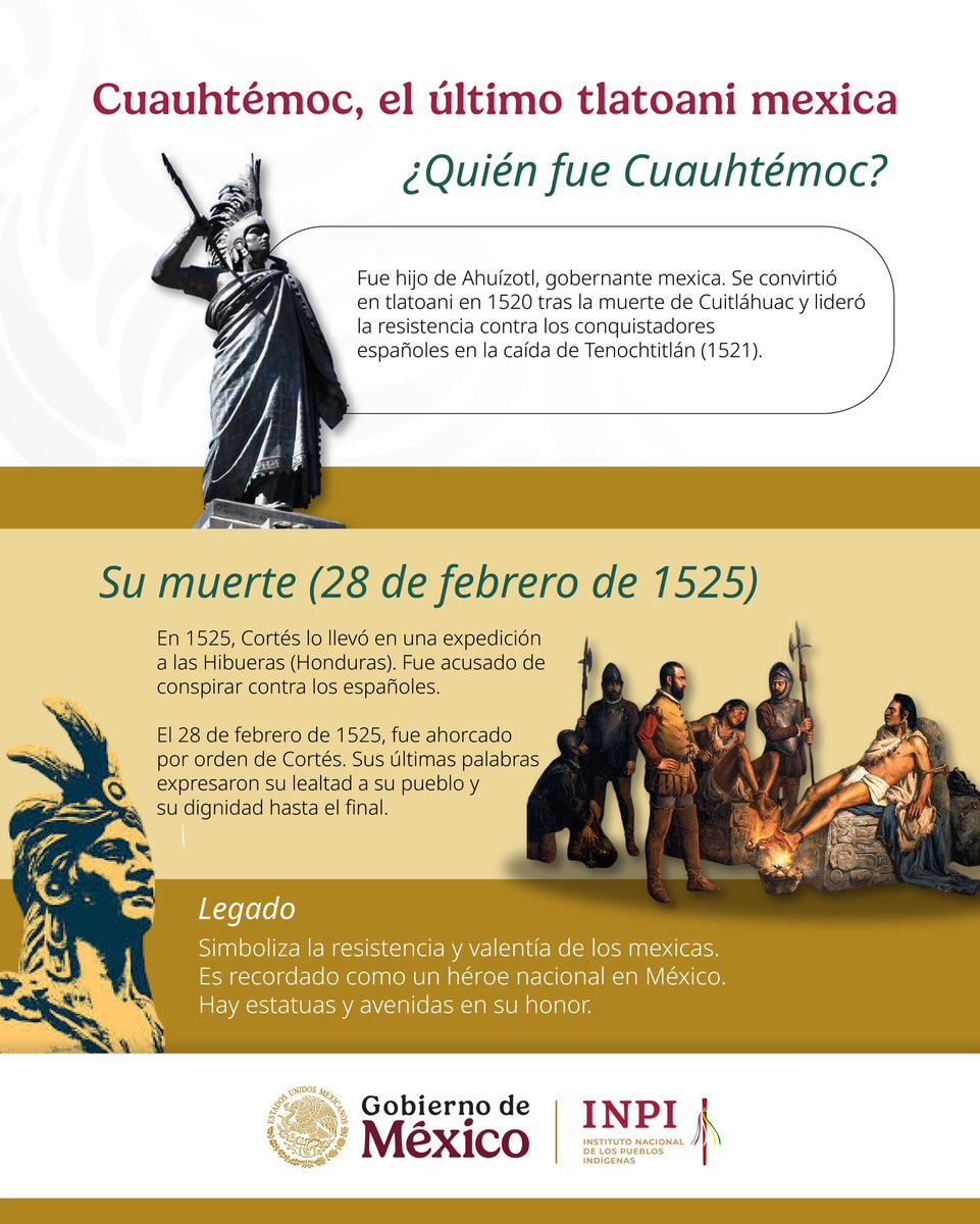 Hoy se conmemoran 500 años de la muerte de Cuauhtémoc, último tlatoani mexica. 

Conoce más sobre Cuauhtémoc, quien es recordado como un héroe nacional en #México. 👇🏾