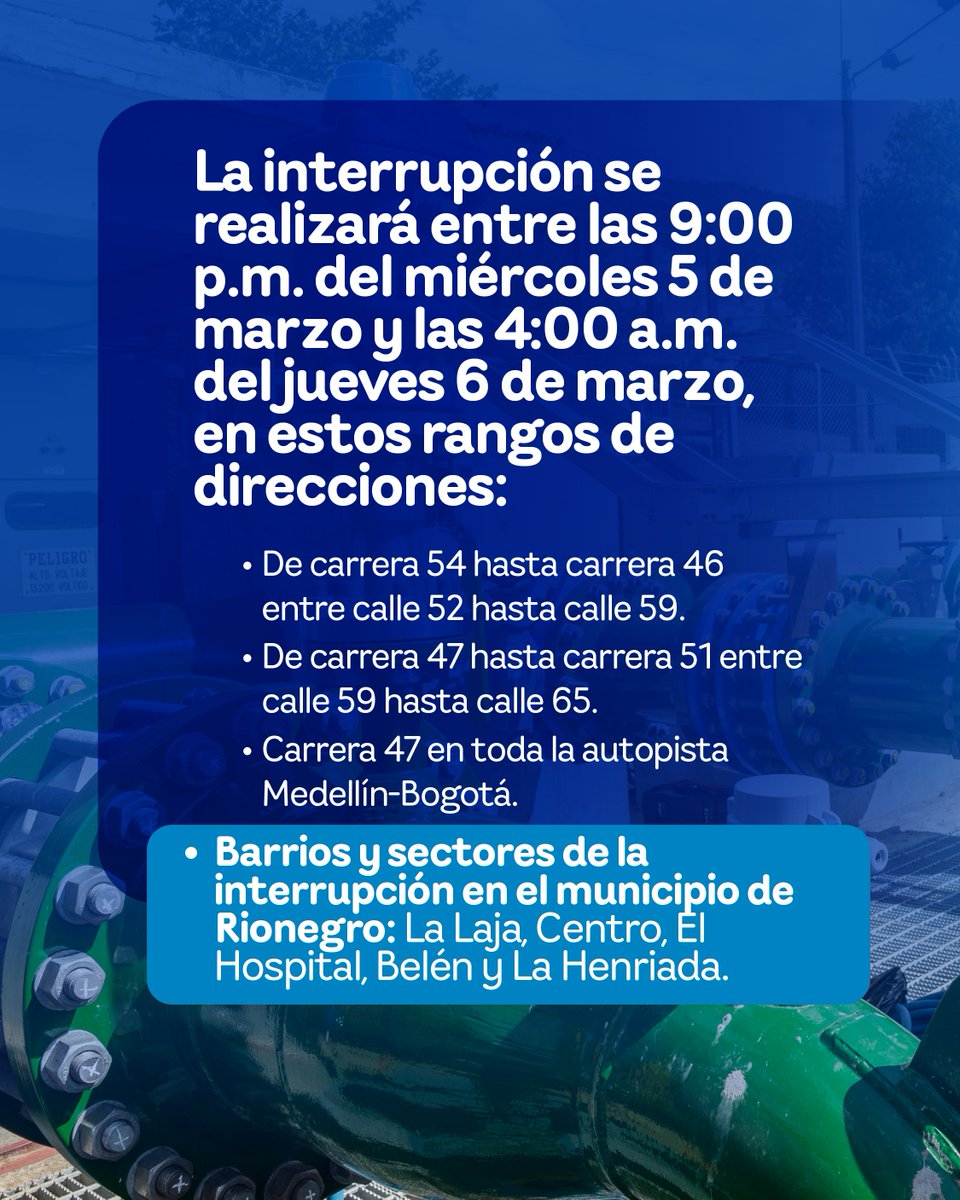 EPMestamosahi's tweet image. ⚠️💧 EPM trabaja para prestar un servicio de acueducto con calidad, continuidad, cobertura y disponibilidad. El dinámico crecimiento de #Rionegro lleva a que la Empresa mantenga trabajos de modernización del sistema, lo que obligará a la #InterrupciónProgramada de #AcueductoEPM…