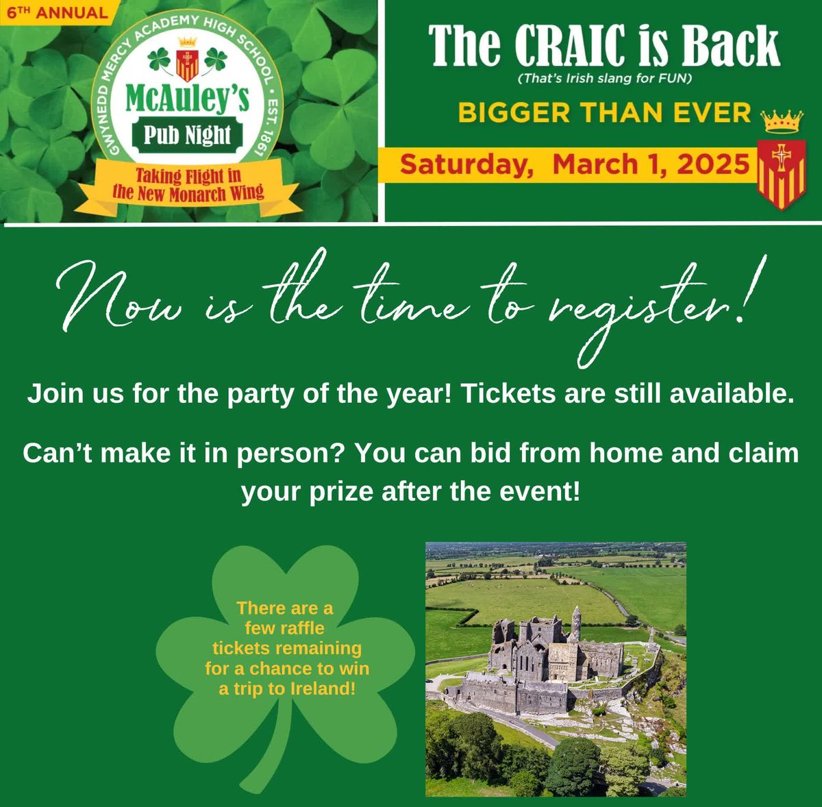 Few tickets remain for TOMORROW'S McAuley's Pub Night at gmahs.org/pubnight!  🍀 Enjoy a fun evening of live music, great company, and an authentic pub-style experience. ✨🎶 If you can't join us, be sure to join the fun and BID ONLINE!