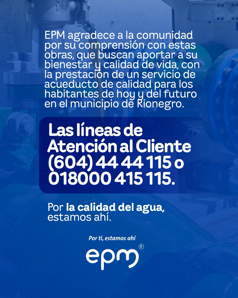 EPMestamosahi's tweet image. ⚠️💧 EPM trabaja para prestar un servicio de acueducto con calidad, continuidad, cobertura y disponibilidad. El dinámico crecimiento de #Rionegro lleva a que la Empresa mantenga trabajos de modernización del sistema, lo que obligará a la #InterrupciónProgramada de #AcueductoEPM…