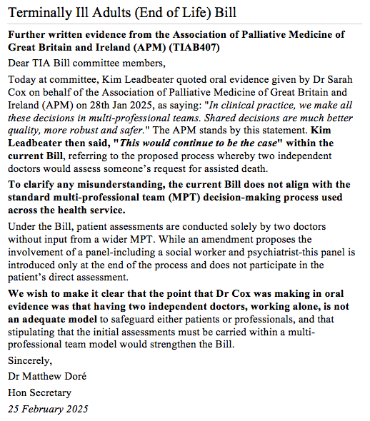 Association for Palliative Medicine statement about a misrepresentation of Dr Sarah Cox'  witness statement by <a href="/kimleadbeater/">Kim Leadbeater MBE MP</a> in Committee 
#AssistedDyingBill <a href="/APMPostTweets/">APM</a>