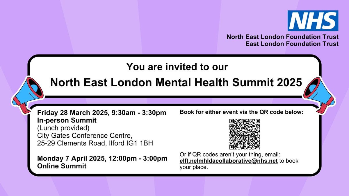 Join us for the North East London Mental Health Summit 2025!

In-person Summit
🗓️ Friday 28 March 2025 | 🕘 9:30 AM - 3:30 PM
📍 City Gates Conference Centre, Ilford (Lunch provided)

Online Summit
🗓️ Monday 7 April 2025 | 🕛 12:00 PM - 3:00 PM