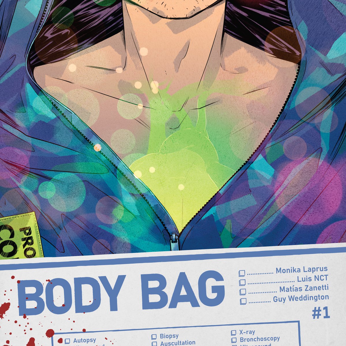 This ongoing comic series is called Body Bag, and I did the lettering and the title logo design.
I really admire this team, with writer <a href="/GuyWeddington/">Guy Weddington</a>, artist <a href="/kapitanzboj/">Monika Laprus</a> and colorist <a href="/luisnct/">Search me on bsky</a>.

#lettering #comics #indiecomics #comicbooks #gaaasp