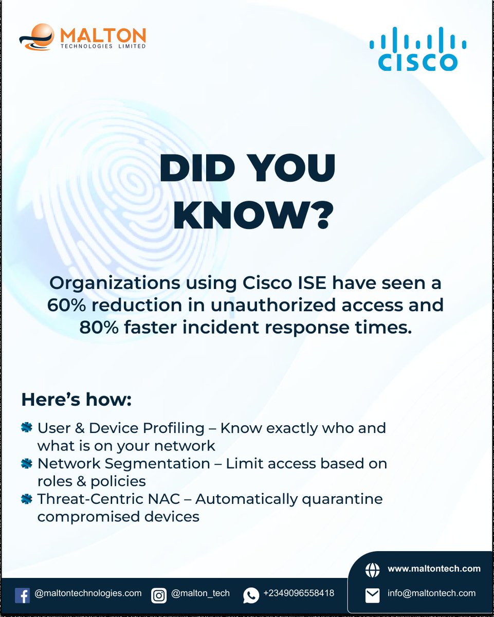 MaltonTech's tweet photo. Protect your network from unauthorized access with Cisco ISE! Discover how this robust solution enables secure access, segmentation, and policy enforcement. #CiscoISE  #NetworkAccessControl #SecuritySolutions https://t.co/dqIuClAh8z