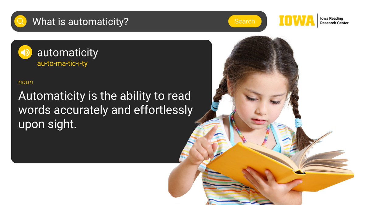 Iowa Reading Research Center (@iareading) on Twitter photo Automaticity allows readers to spend less time decoding individual words, leaving them with more cognitive energy for text comprehension. Discover more literacy-related terms and concepts in the IRRC Reading Glossary: irrc.education.uiowa.edu/resources/read… Automaticity allows readers to spend less time decoding individual words, leaving them with more cognitive energy for text comprehension. Discover more literacy-related terms and concepts in the IRRC Reading Glossary: irrc.education.uiowa.edu/resources/read…