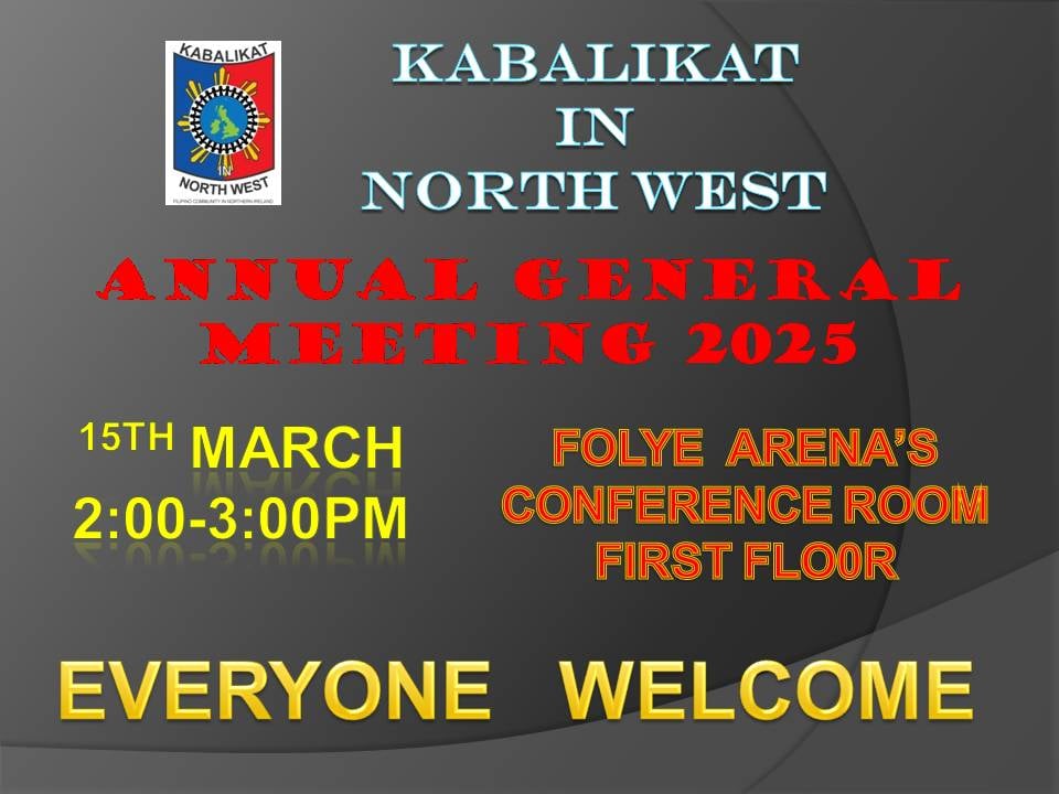 Kabalikat in North West (@kabalikatinnw) on Twitter photo You are cordially invited to attend our Kabalikat's Annual General Meeting 2025 on Saturday 15th March at Foyle arena's conference room (1st floor) from 2pm-3pm. An afternoon of meeting your local Filipino community. Kita kits ๐ <a href="/JonahAtos/">neneatos74</a> You are cordially invited to attend our Kabalikat's Annual General Meeting 2025 on Saturday 15th March at Foyle arena's conference room (1st floor) from 2pm-3pm. An afternoon of meeting your local Filipino community. Kita kits ๐ <a href="/JonahAtos/">neneatos74</a>