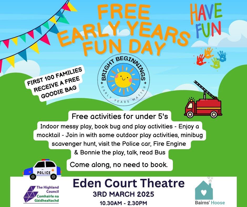 Goodie bags are packed! Just a reminder for the fun day at Eden Court on Monday for any parents/carers/grandparents looking for free activities for children under 5. No need to book, just come along. Please share with friends and relatives 🤗