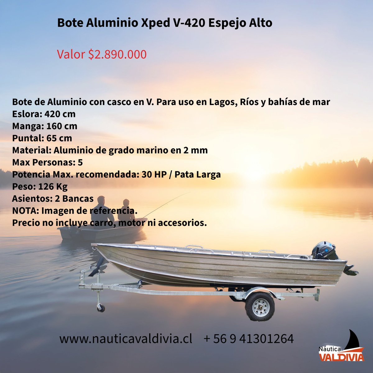 Pueblitoexped's tweet photo. Bote Aluminio Xped V-420 Espejo Alto
$2.890.000
Bote de Aluminio con casco en V. 
Eslora: 420 cm
Manga: 160 cm
Puntal: 65 cm
Material: Aluminio de grado marino en 2 mm
Max Personas: 5
Potencia Max. recomendada: 30 HP / Pata Larga
Peso: 126 Kg
Asientos: 2 Bancas https://t.co/D4Xpjjf1fn
