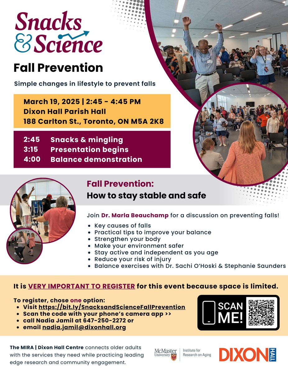 MIRA McMaster (@miramcmaster) on Twitter photo The next MIRA | <a href="/dixon_hall/">Dixon Hall</a> Centre #SnacksAndScience event is almost here!
Join Director <a href="/marlabeauchamp/">Marla Beauchamp</a> for a talk on fall prevention, plus an engaging balance demo with Dr. <a href="/SachiOHoski/">Sachi O'Hoski</a> and Stephanie Saunders of <a href="/SRSMcMasterU/">McMaster School of Rehabilitation Science</a>.
Register here: eventbrite.ca/e/121711969075… The next MIRA | <a href="/dixon_hall/">Dixon Hall</a> Centre #SnacksAndScience event is almost here!
Join Director <a href="/marlabeauchamp/">Marla Beauchamp</a> for a talk on fall prevention, plus an engaging balance demo with Dr. <a href="/SachiOHoski/">Sachi O'Hoski</a> and Stephanie Saunders of <a href="/SRSMcMasterU/">McMaster School of Rehabilitation Science</a>.
Register here: eventbrite.ca/e/121711969075…