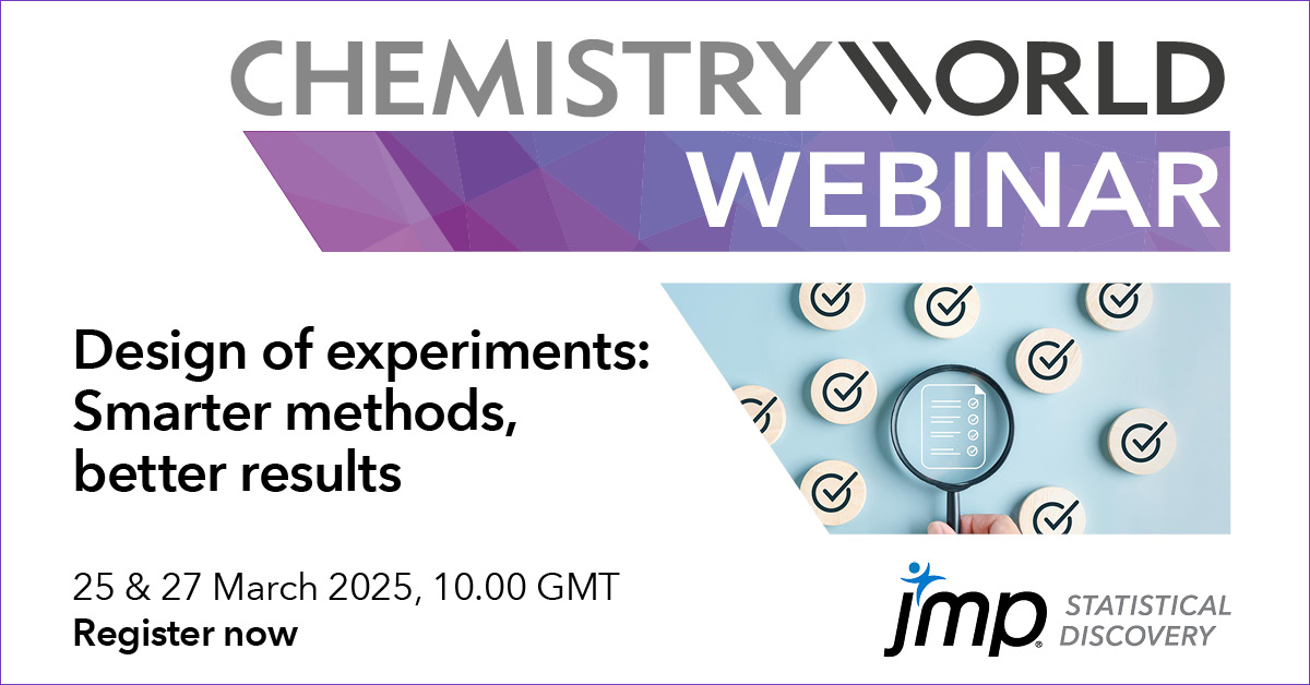 Design of Experiments (DoE) offers a data-driven approach to method development, transforming research and development across industries. Join this webinar with <a href="/JMP_software/">JMP Software</a> to learn how to get better results with fewer experiments. Register for free: chemistryworld.com/webinars/desig… #ad