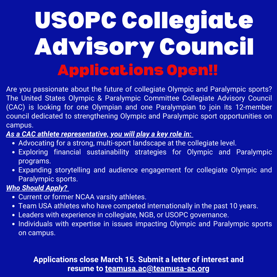 Are you passionate about the future of collegiate Olympic and Paralympic sports? The USOPC CAC is looking for one Olympian and one Paralympian to join its Council!
 
For more info, click the link in our bio!!

Submit a letter of interest and resume to teamusa.ac@teamusa-ac.org