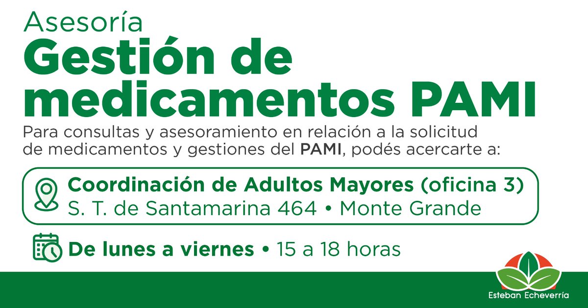 MunicipioEE's tweet photo. Continuamos acompañando a las personas adultas mayores del distrito que padecen enfermedades graves y crónicas, y necesitan ayuda. Quienes quieran asesorarse sobre medicamentos y gestiones del PAMI pueden acercarse a la Coordinación de Adultos Mayores en #MonteGrande. https://t.co/AUAX6gzblz