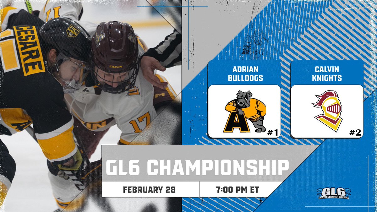 Tonight’s GL6 Championship game is #1 Adrian 🆚 #2 Calvin!  

The winner will be awarded the Mike Petrusma Cup as the GL6 Tournament Champion. 

Details ⬇️

⏰  7:00 ET
📍  Adrian, MI
📺  youtube.com/watch?v=-4EU88…