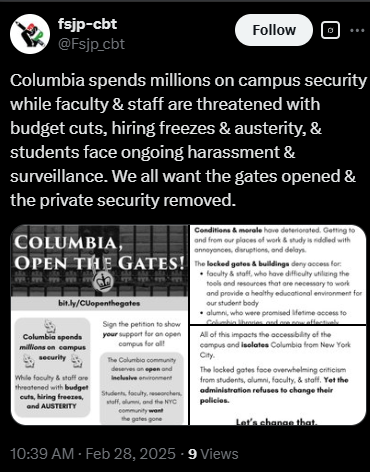 GnDsville's tweet image. After dressing up like terrorists, causing mayhem on campus + targeting Jews w/endless harassment for 16 mos, THEY are complaining abt budget cuts necessary to pay for additional security ENTIRELY B/C OF THEM?!

They're either JOKING or BRAIN DEAD!
#INSANITY #Entitled @Columbia