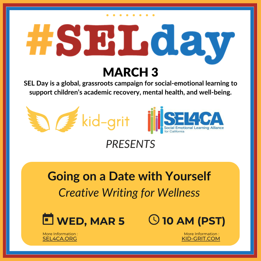 kid_grit's tweet photo. It's #SELWEEK! Join us as we provide a fun, introspective &amp; interactive look at yourself through our charming, creative writing workshop! Oh, and it is FREE! March 5th, 10 am PST. Link to register: https://t.co/NevcpJjlJ3 @SEL4USA #SEL4CA https://t.co/6NHtBH7lte