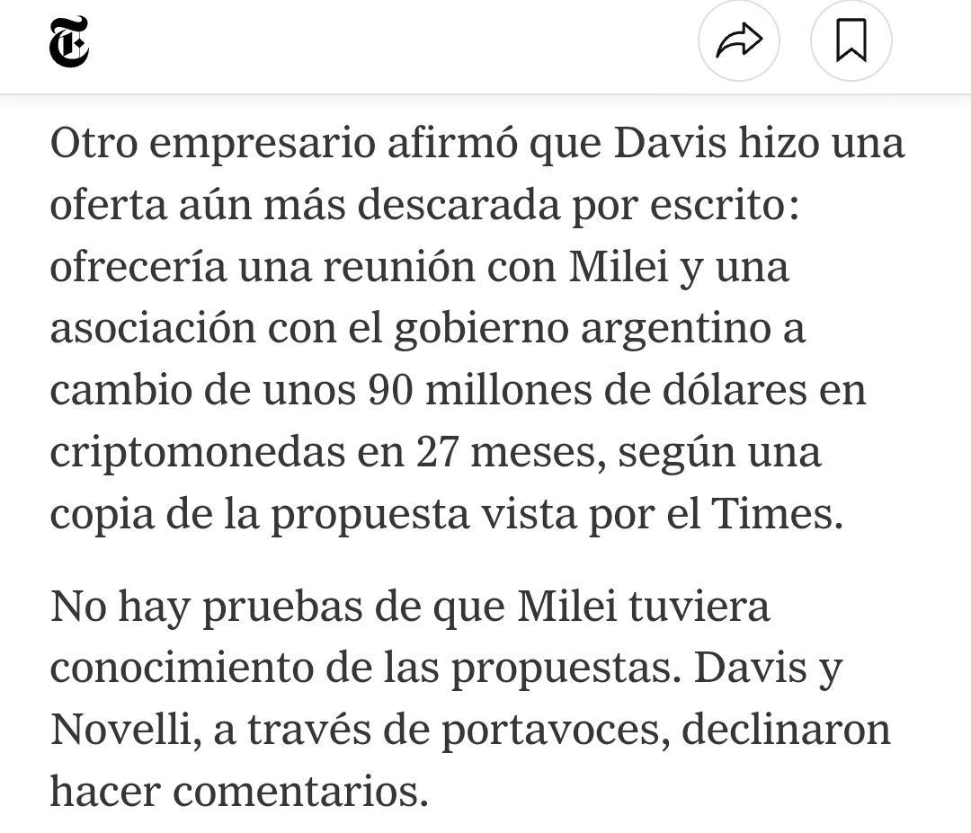 rquiroga777's tweet photo. 💣CRIPTOESTAFA: Espectacular nota en el New York Times complica a Milei

1- Novelli (ex empleador de Milei) coordinó el Tweet de KIP (Julián Peh) con el segundo tuit de Milei donde dijo "no estar interiorizado".

2- Davis habría ofrecido U$D90 millones para "asociarse" con Milei! https://t.co/1Ee0PO0Yu9