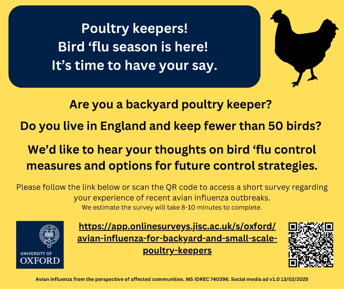 OxfordStats's tweet image. 🐔 Calling all backyard poultry keepers in England!
We want to hear your thoughts on avian influenza control measures. If you have fewer than 50 birds, please share your experiences and suggestions for future strategies.
Survey 🔗 tinyurl.com/e535naw4