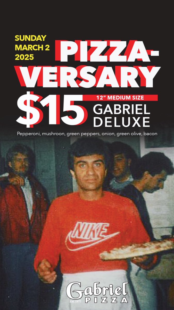 GABRIEL PIZZA GIVEAWAY!!🍕🚨
We are in a giving mood this weekend. Today is our 48th birthday &amp; Sunday we are celebrating with a huge deal on a 12” Gabriel Deluxe. We need your help to spread the news!

Follow, Like, Share, Comment
#gabrielpizzaversary to win Sens vs Wings Tix!