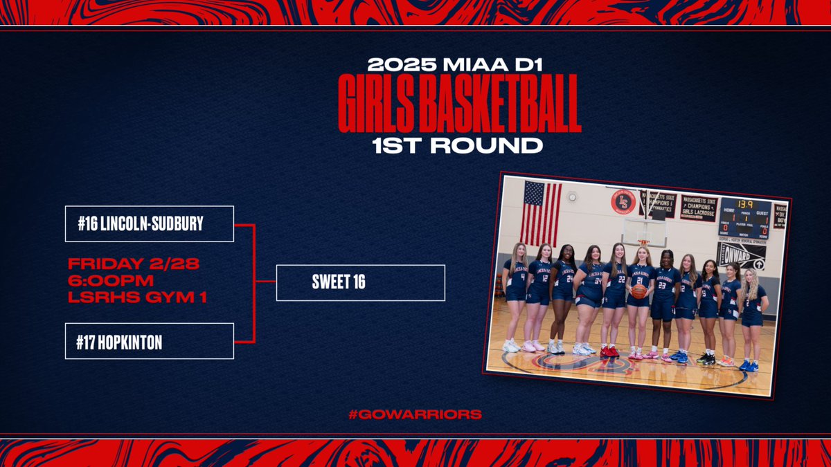 LSWarriors (@warriors978) on Twitter photo Good luck to #16 Girls Basketball as they host #17 Hopkinton in the D1 1st Round
6:00PM
LS Gym 1
Tickets are $7/$5 and can be purchased with cash at the door or online at GoFan gofan.co/event/3324005?…
*Booster Memberships not valid for Tourny Games
<a href="/lsgirlshoops/">LS Girls Hoops</a> <a href="/LSBoosters/">LSBoosters</a> Good luck to #16 Girls Basketball as they host #17 Hopkinton in the D1 1st Round
6:00PM
LS Gym 1
Tickets are $7/$5 and can be purchased with cash at the door or online at GoFan gofan.co/event/3324005?…
*Booster Memberships not valid for Tourny Games
<a href="/lsgirlshoops/">LS Girls Hoops</a> <a href="/LSBoosters/">LSBoosters</a>